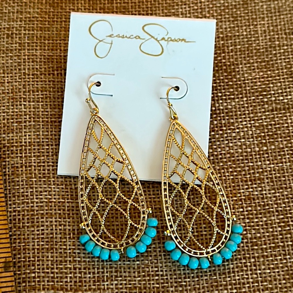 Jessica Simpson turquoise gold toned filigree long small turquoise beads earring
